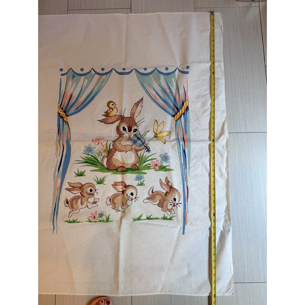 Vintage Style Bunny Rabbit Quilt Top Panel Playing Violin Linen Cotton Blanket